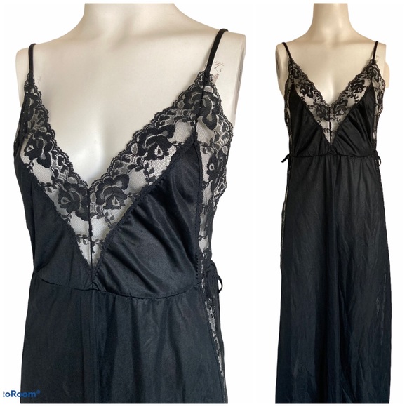 Vintage Other - Vintage 60’s 70’s Black Nylon & Lace Split-side Nightgown PANDORA Sz S